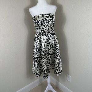 INC Black White Ivory Graphic ivoryStrapless Fit Flare Mini Dress Size 6 Party
